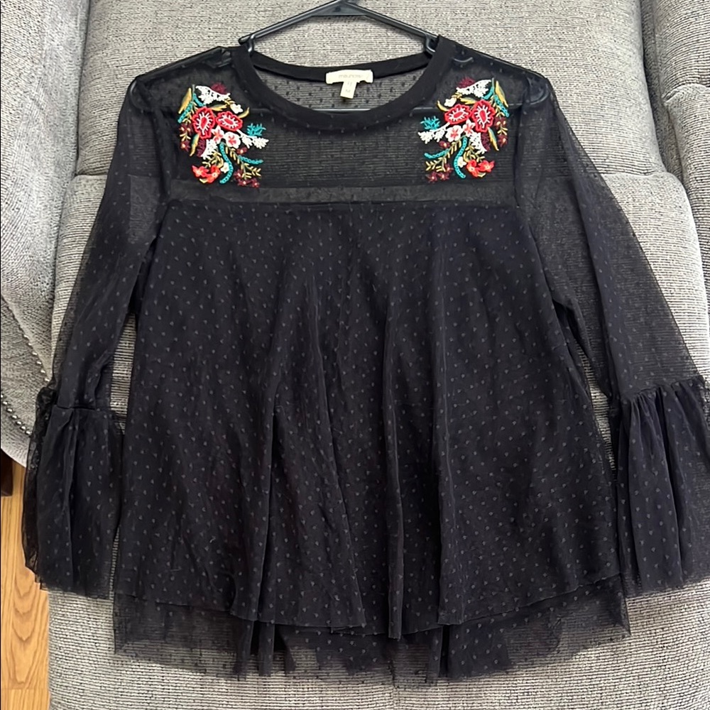 Embroidered Black Sheer Women's Top